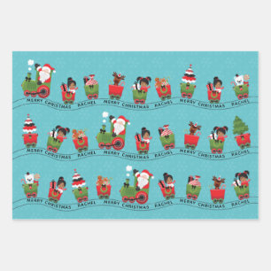 Santa & Multicultural Girl on Train Wrapping Paper Sheet