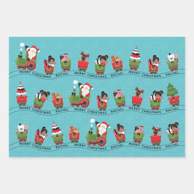 Santa & Multicultural Girl on Train Wrapping Paper Sheet (Front)