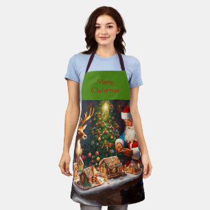 Santa N Reindeer Make Gingerbread House Christmas Apron