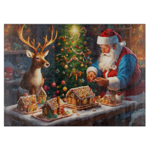 Santa N Reindeer make gingerbread house Christmas Cutting Board