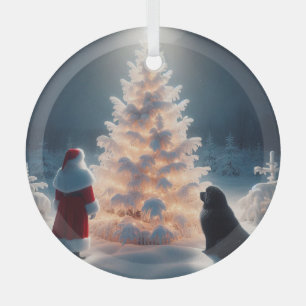 Santa, Newf and Glowing Tree Christmas  Glass Tree Decoration