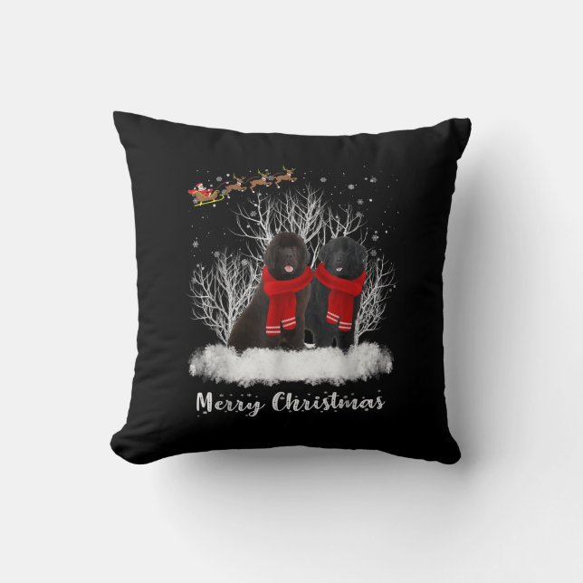 Santa Newfoundland Couple Merry Christmas Dog Gift Cushion (Front)