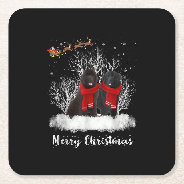Santa Newfoundland Couple Merry Christmas Dog Gift Square Paper Coaster (Front)