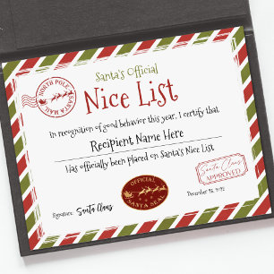 Santa Nice List Certificate, Santa Claus Nice List