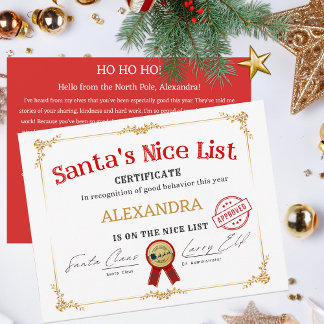 Santa Nice List Custom Name Christmas Certificate Holiday Card