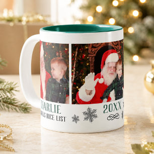 Santa Nice List Cute Green Holiday Photo Collage Two-Tone Coffee Mug