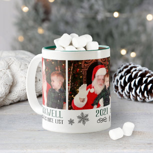 Santa Nice List Cute Green Holiday Photo Collage Two-Tone Coffee Mug