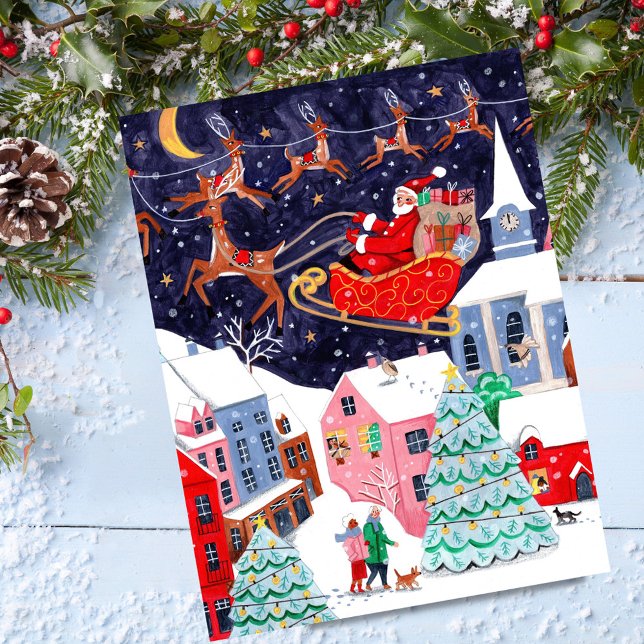 Santa Night before Christmas Nordic Village Holiday Postcard (Santa Night before Christmas Nordic Village Holiday Postcard)