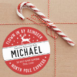 Santa North Pole Express Reindeer Christmas Classic Round Sticker<br><div class="desc">A fun Santa's Workshop Christmas sticker from the North Pole for packaging your kids Christmas gifts. Sticker features the words,  Flown in by Reindeer and North Pole Express. Personalise it with your child's name for their Christmas gifts. Designed for you by Blackberry Boulevard.</div>