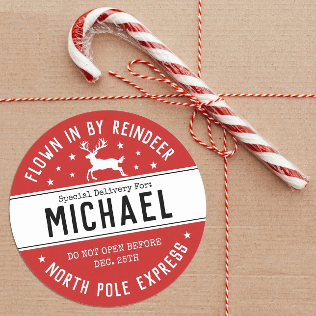 Santa North Pole Express Reindeer Christmas Classic Round Sticker (A cute reindeer sticker with the words, flown in by Reindeer Fun for your holiday gifts)