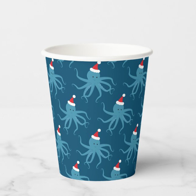 Santa Octopus Christmas Holiday Paper Cups (Front)
