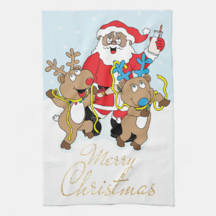 Santa of Colour and Reindeers Merry Christmas Tea Towel