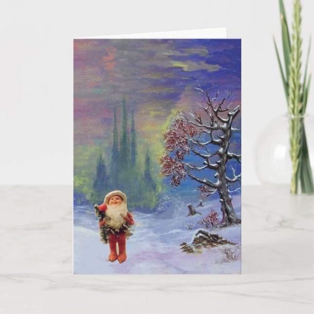 SANTA OF THE GNOMES Blue Winter Christmas Greeting Holiday Card (Front)