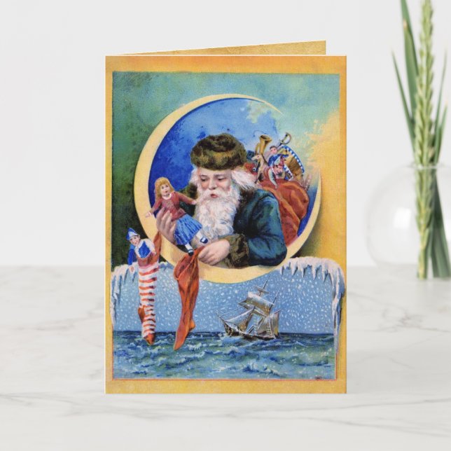 SANTA OF THE SAILORS,MOON,CHRISTMAS SOCKS AND TOYS HOLIDAY CARD (Front)