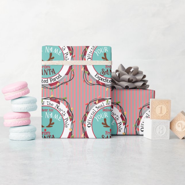 Santa Official Seal Rudolph on Blue & Red Stripes  Wrapping Paper (Baby Shower)