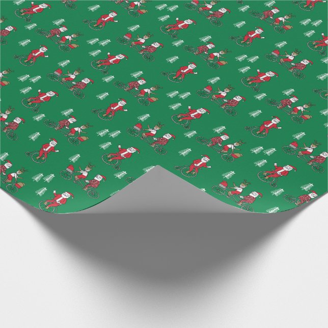 Santa on a bicycles cute kids novelty green wrapping paper (Corner)