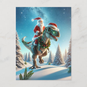 Santa on a dinosaur, Christmas Holiday Postcard