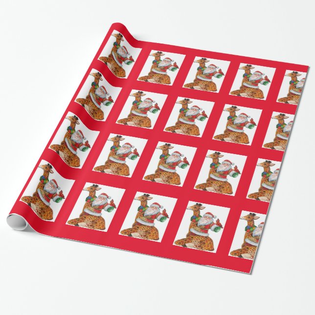 Santa on a Giraffe Christmas Wrapping Paper (Unrolled)
