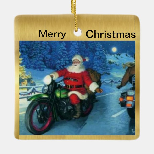 Santa on a Motorcycle Christmas Ornament (Front)