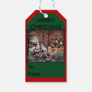 Santa on a motorcycle farm scene gift tag