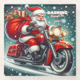 Santa on a motorcycle glass coaster