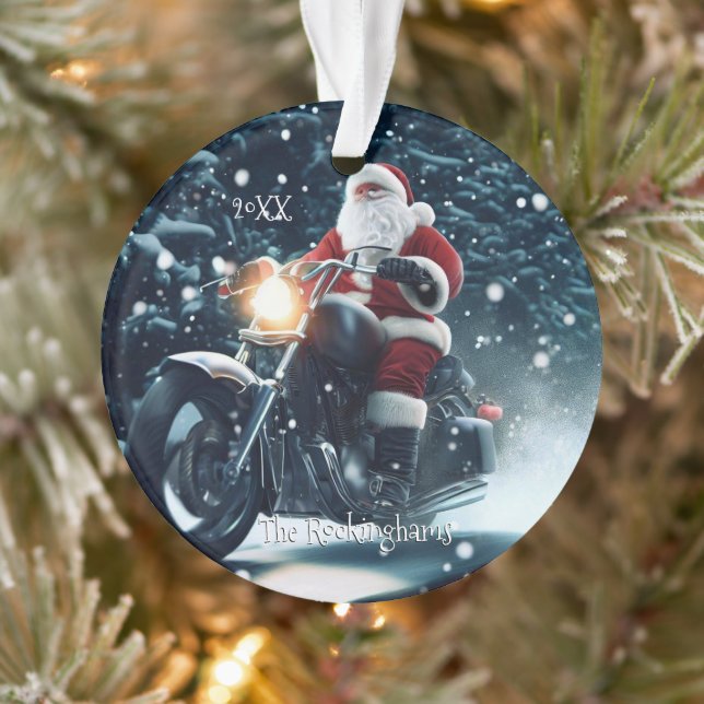 Santa on a Motorcycle in the Snow Ornament (Tree)