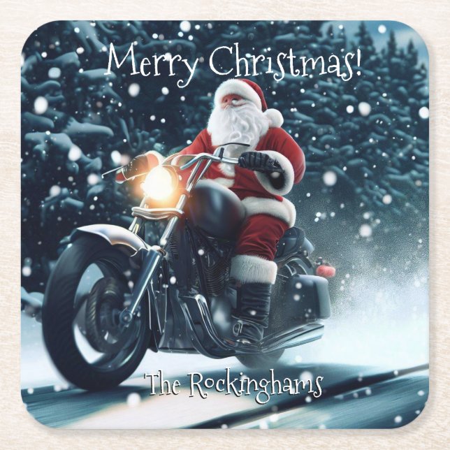 Santa on a Motorcycle in the Snow Square Paper Coaster (Front)