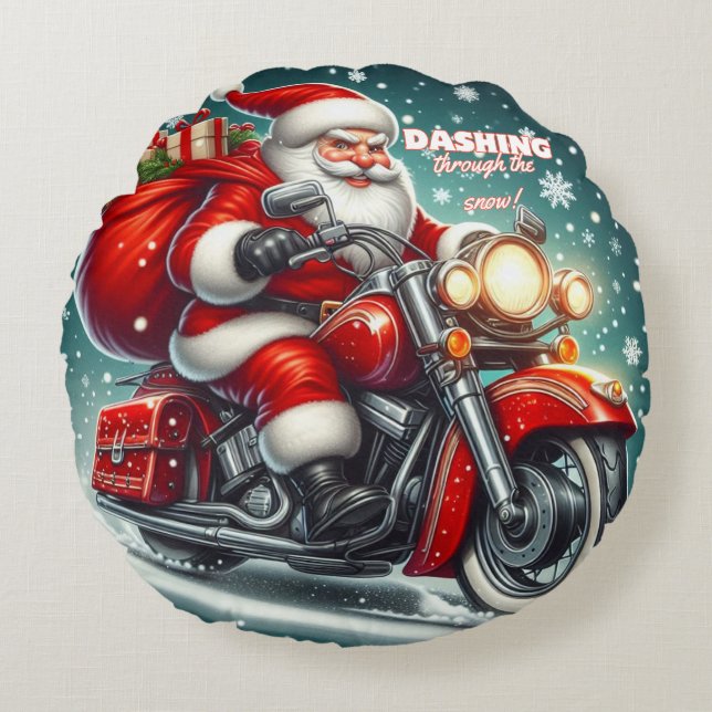 Santa on a motorcycle round cushion (Front)
