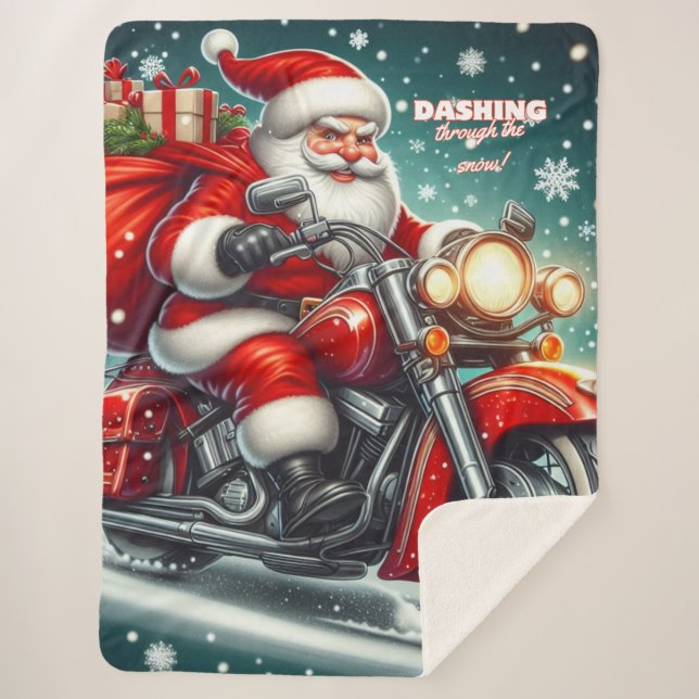 Santa on a motorcycle sherpa blanket (Front)