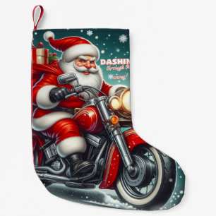 Santa on a motorcycle small christmas stocking