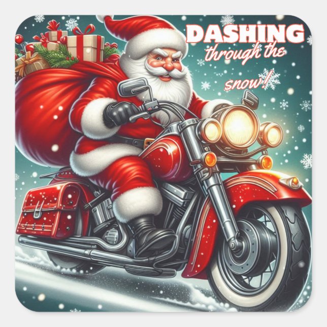 Santa on a motorcycle square sticker (Front)