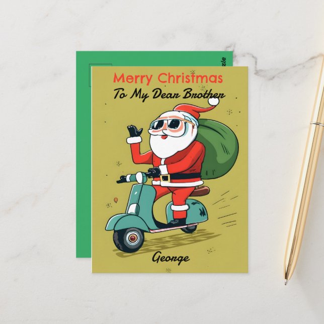 Santa on a Scooter With Sunglasses and X-Mas Gifts Postcard (Front/Back In Situ)