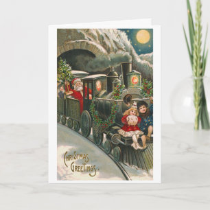 "Santa on a Train" Vintage Christmas Card