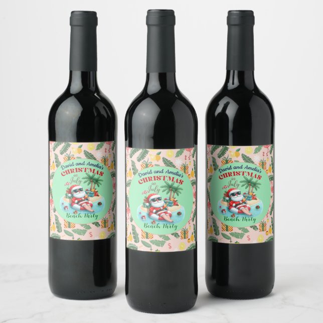 Santa on a Tropical Island Christmas in July Party Wine Label (Bottles)