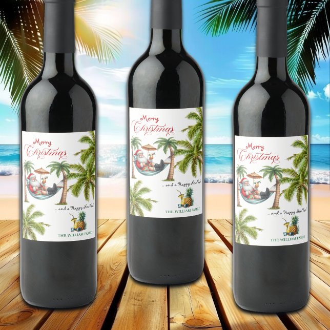 Santa on a Tropical Island Christmas Wine Label (Creator Uploaded)