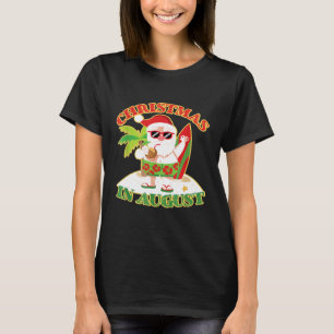 Santa On Beach Surfboard Christmas In August T-Shirt