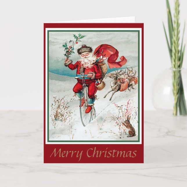 Santa on Bicycle with Deer and Rabbit Card (Front)