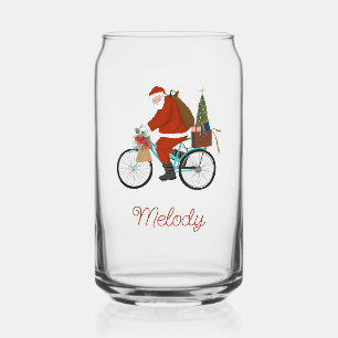 Santa On Bike Kids Personalised Milk Christmas  Can Glass