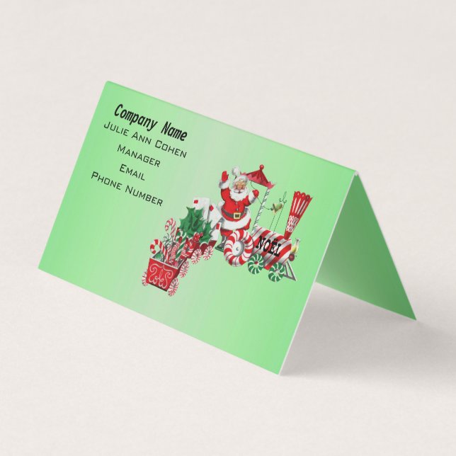 Santa on Christmas Train Candy Wheels Letter Green Business Card (Front)