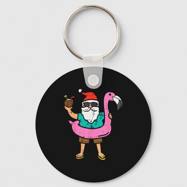 Santa On Flamingo Floatie Cute Christmas In July X Key Ring (Front)
