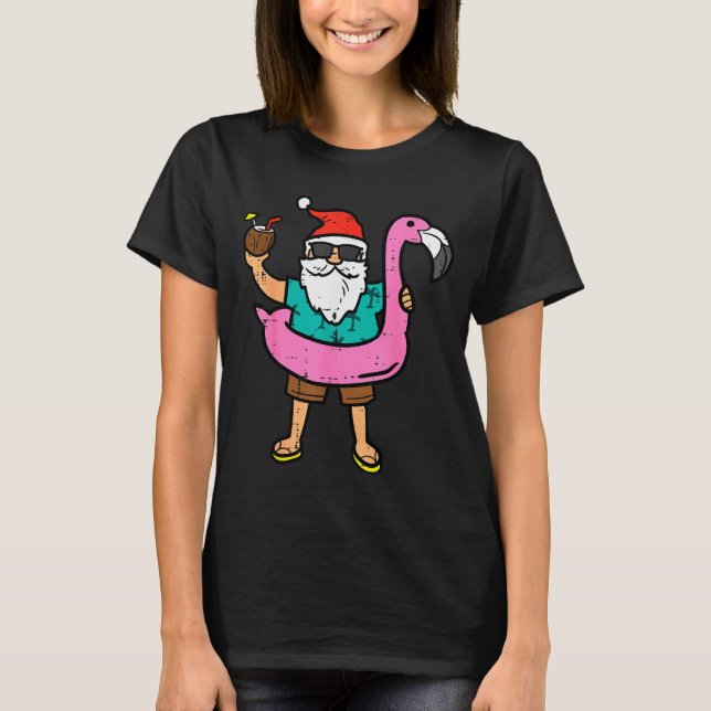 Santa On Flamingo Floatie Cute Christmas In July X T-Shirt (Front)