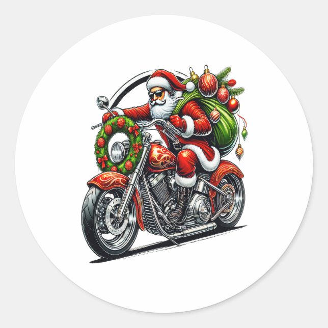 Santa on Motorcycle Christmas Biker Classic Round Sticker (Front)