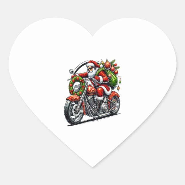 Santa on Motorcycle Christmas Biker Heart Sticker (Front)