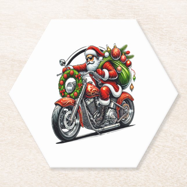 Santa on Motorcycle Christmas Biker Paper Coaster (Front)