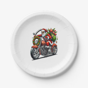Santa on Motorcycle Christmas Biker Paper Plate