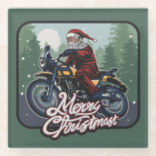Santa on Motorcycle Glass Coaster