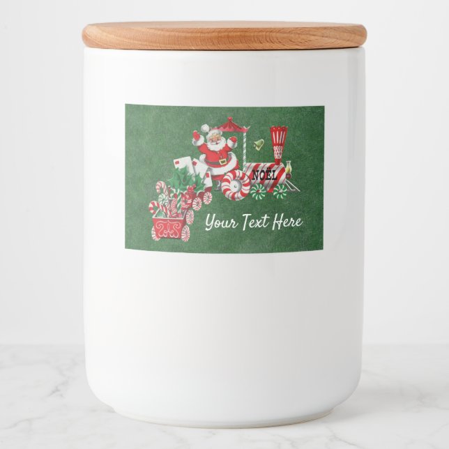 Santa on Peppermint Candy Train Dark Green Food Label (Front)