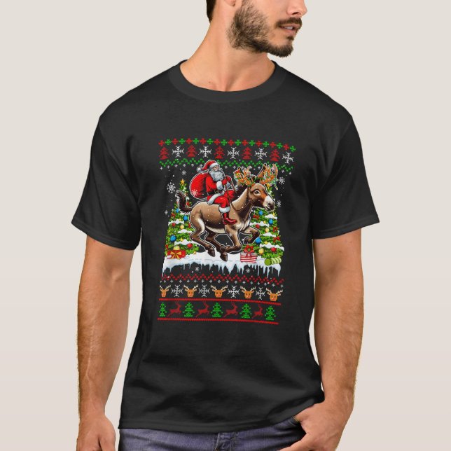 Santa On Reindeer Donkey Running Christmas Farmer  T-Shirt (Front)