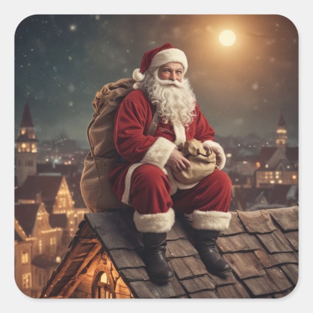 Santa on Rooftop Square Sticker (Front)