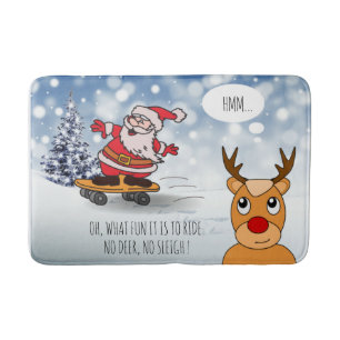 Santa on skateboard funny reindeer sleigh winter bath mat